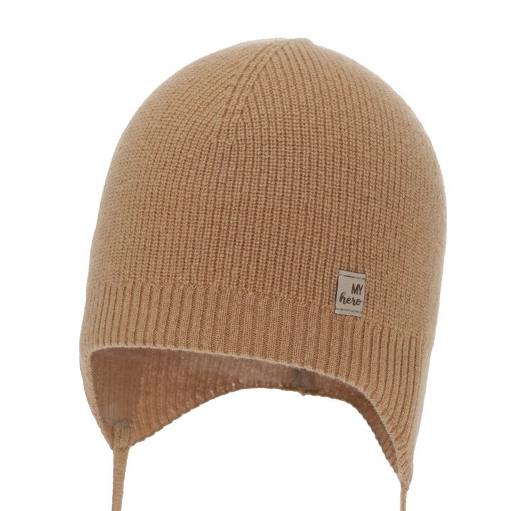 Boy's spring/ autumn hat, camel, merino wool with cashmere, with ears, Tono