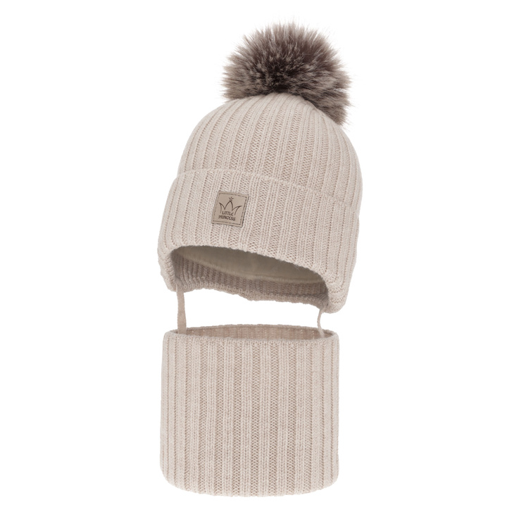 Girl's winter set: hat and tube scarf beige made of 100% extra fine merino wool, lined with wool fleece Martina
