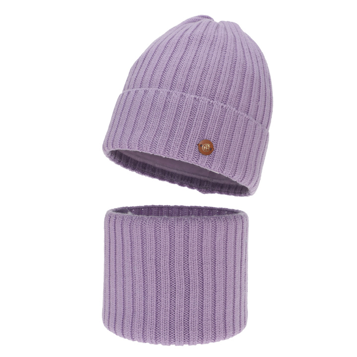 Girl's winter set: hat and tube scarf, purple, 100% merino wool, cotton lining, Vanira