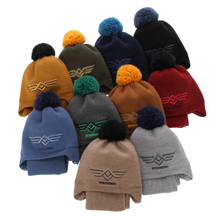 Boy's winter set: hat and tube scarf beige Wings with pompom