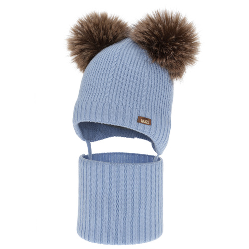 Boy's hat and snood, winter set, light blue, 100% merino wool, lined with wool fleece, Lumio