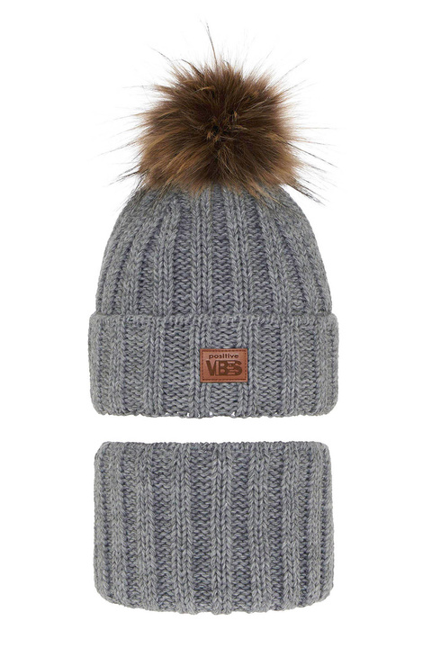 Boy's winter set: hat and tube scarf grey Remes with pompom