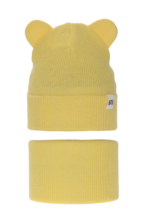Girl's spring/ autumn set: hat and tube scarf, with cotton, yellow Kajra