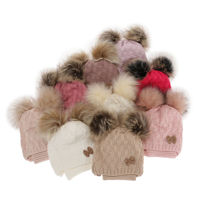 Girl's winter set: hat and tube scarf ecru with two pompoms Bettina