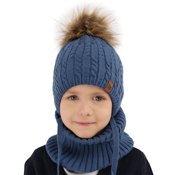 Boy's winter set: hat and tube scarf beige Indigo with pompom