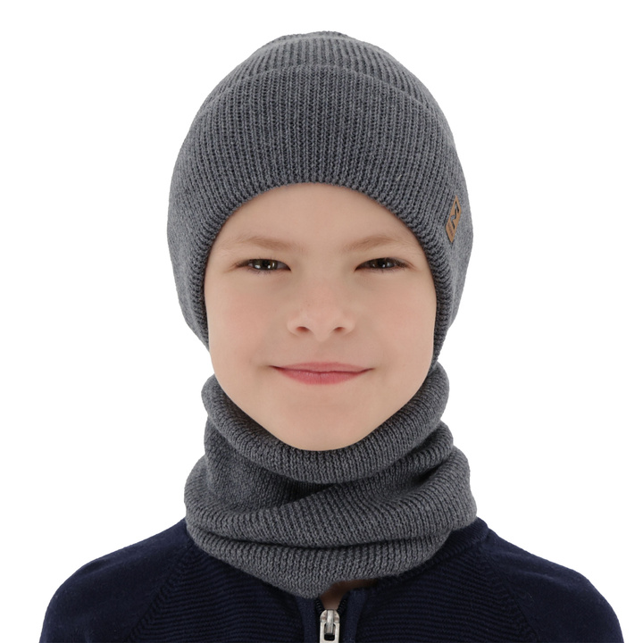 Boy's spring/ autumn set: hat and tube scarf grey 100% extra fine merino wool Bruce