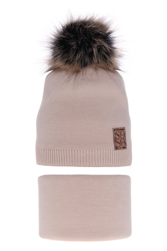 Girl's winter set: hat and tube scarf beige Apolinka with pompom