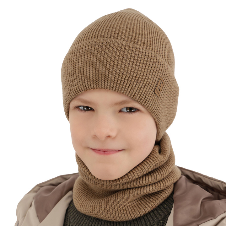 Boy's spring/ autumn set: hat and tube scarf camel 100% extra fine merino wool Bruce