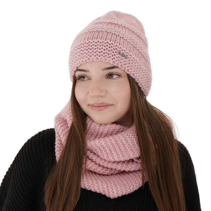 Winter set: hat and tube scarf, pink, with merino wool, Driva