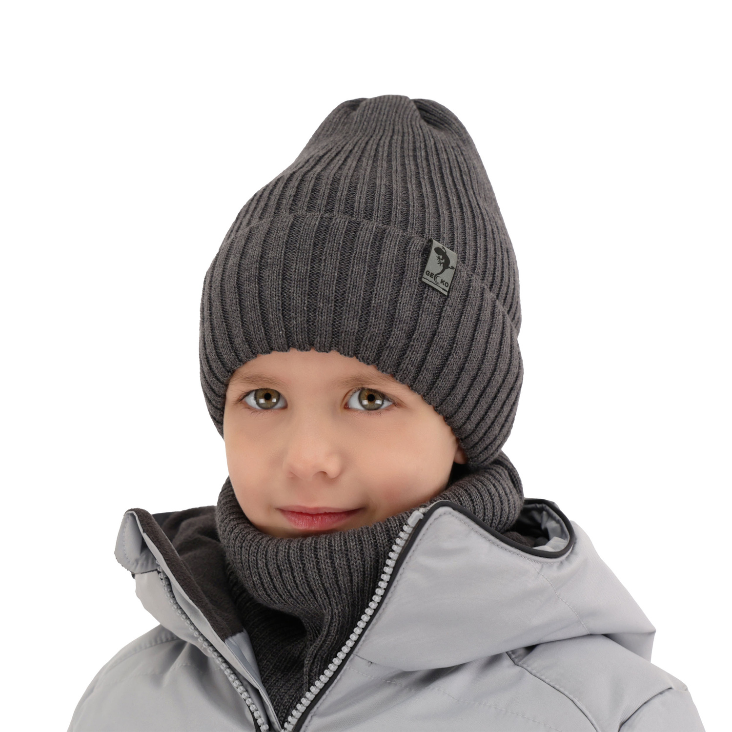 Boy's winter set: hat and tube scarf black merino wool Gecko