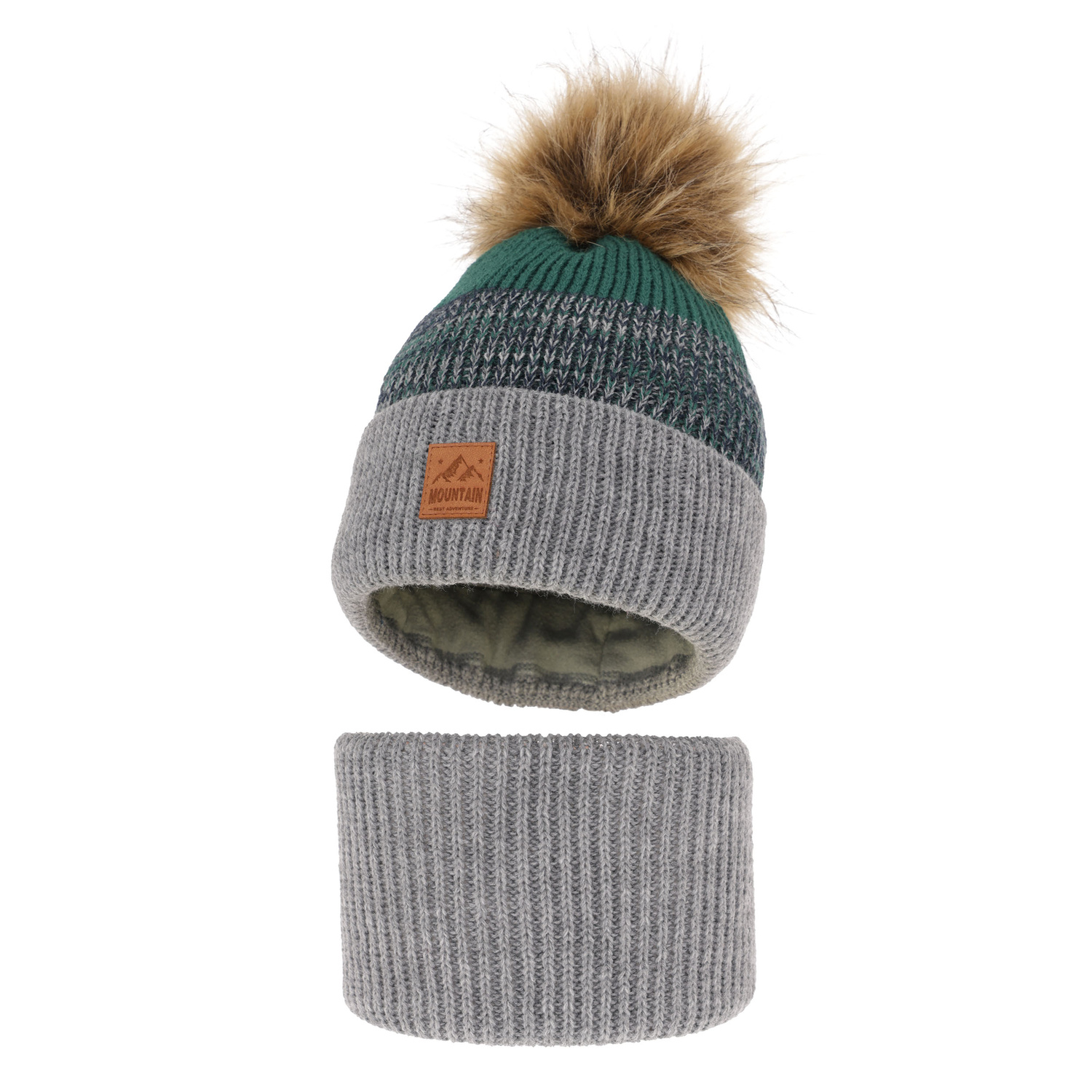 Boy's winter set: hat and tube scarf grey with pompom Buffalo