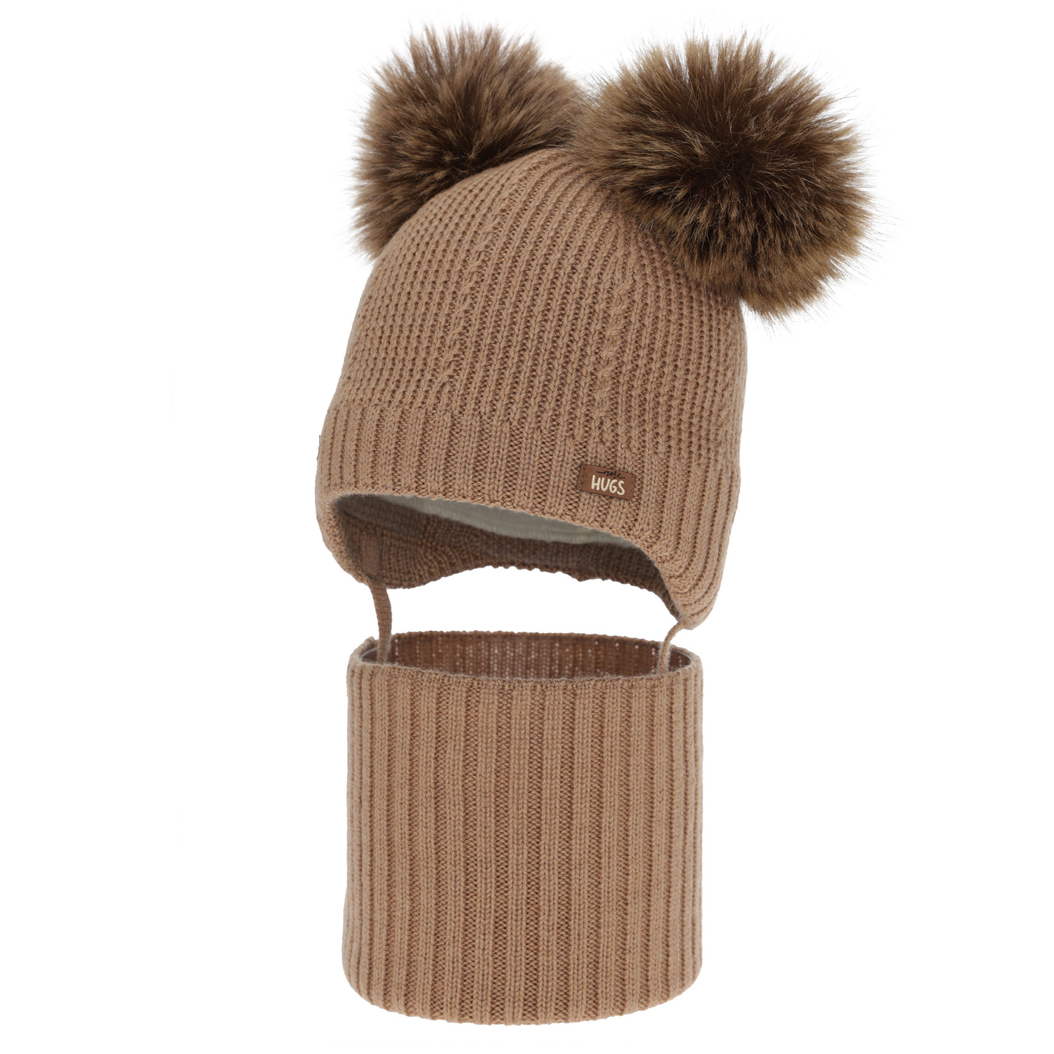Boy's hat and snood, winter set, camel, 100% merino wool, lined with wool fleece, Lumio