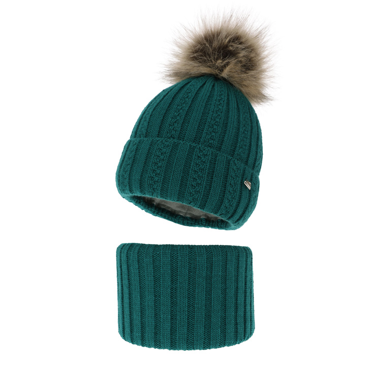 Girl's winter set: hat and tube scarf green Wirginia with pompom