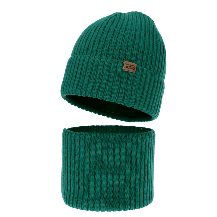 Hat and tube scarf for boy, winter set, 100% merino wool, with merino wool lining, emerald, Domin