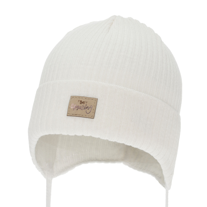 Girl's spring/ autumn hat, white, with ears, with cotton, Tindra
