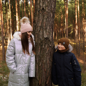 Girl's winter set: hat and tube scarf grey Dina with pompom