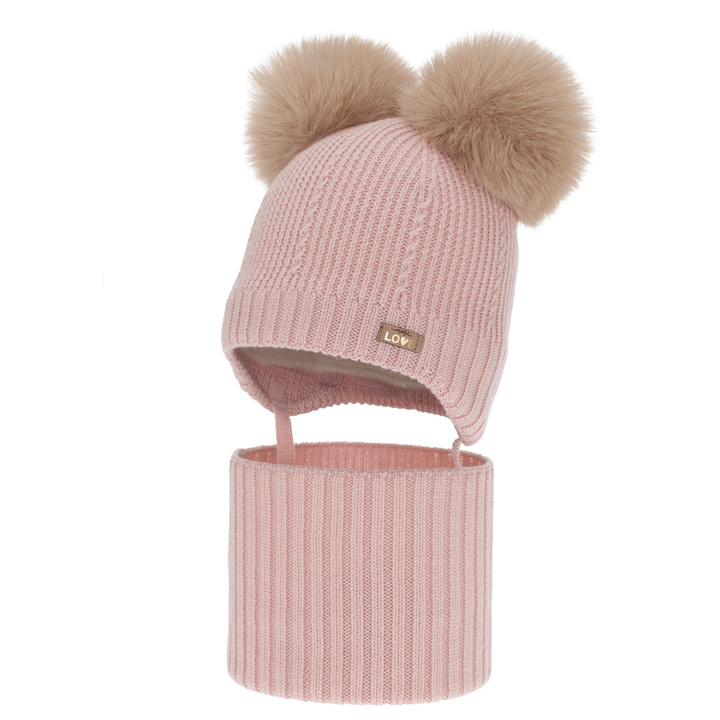 Girl's hat and tube scarf, winter set, pink, 100% merino wool, lined with wool fleece, Lumia