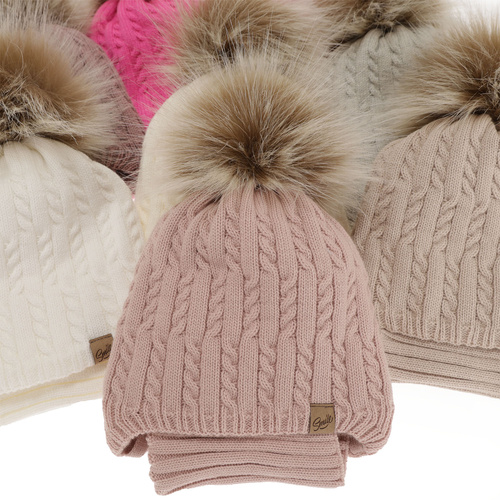 Girl's winter set: hat and tube scarf pink with pompom Loreley
