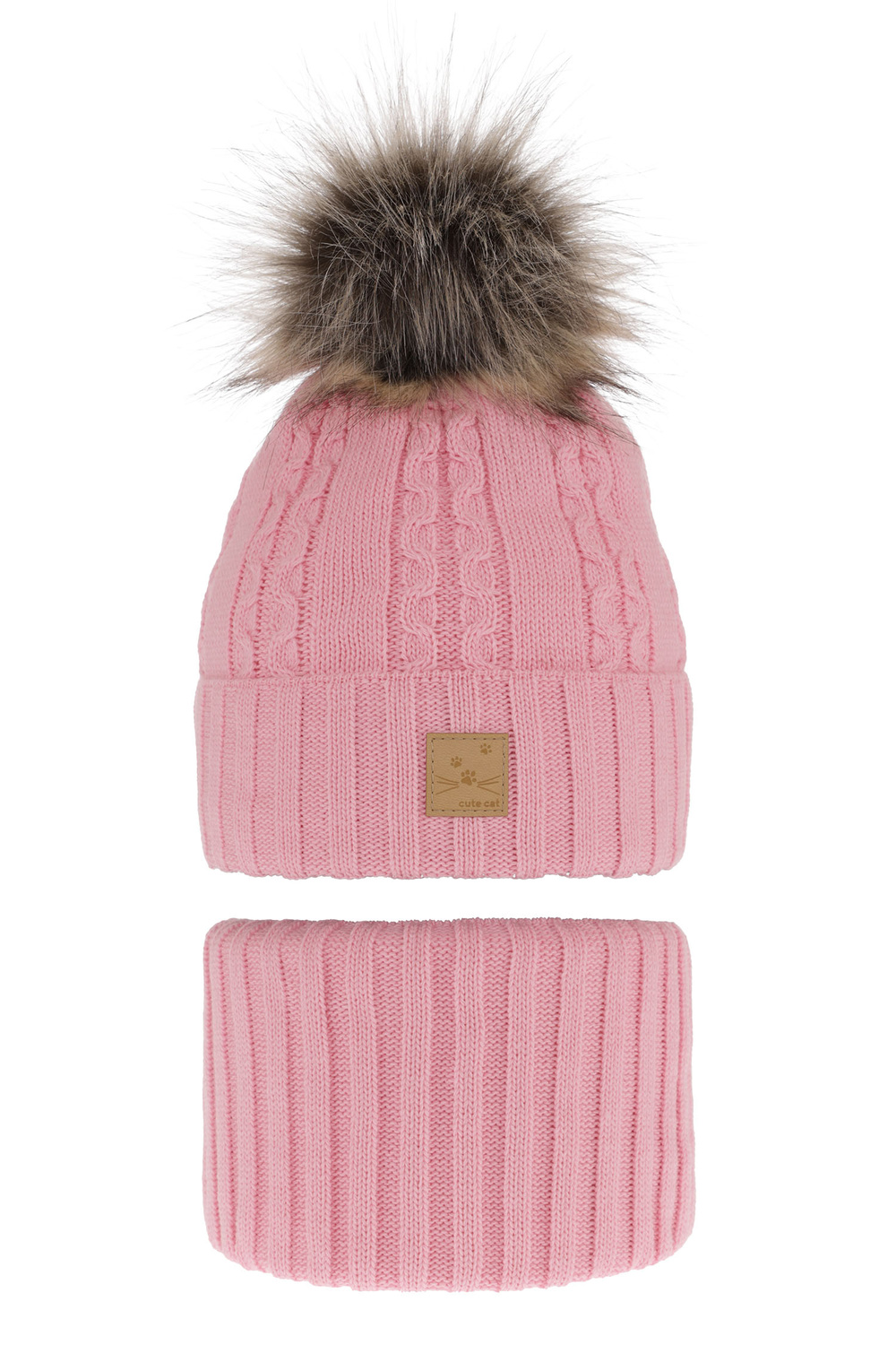 Girl's winter set: hat and tube scarf pink Alexia with pompom