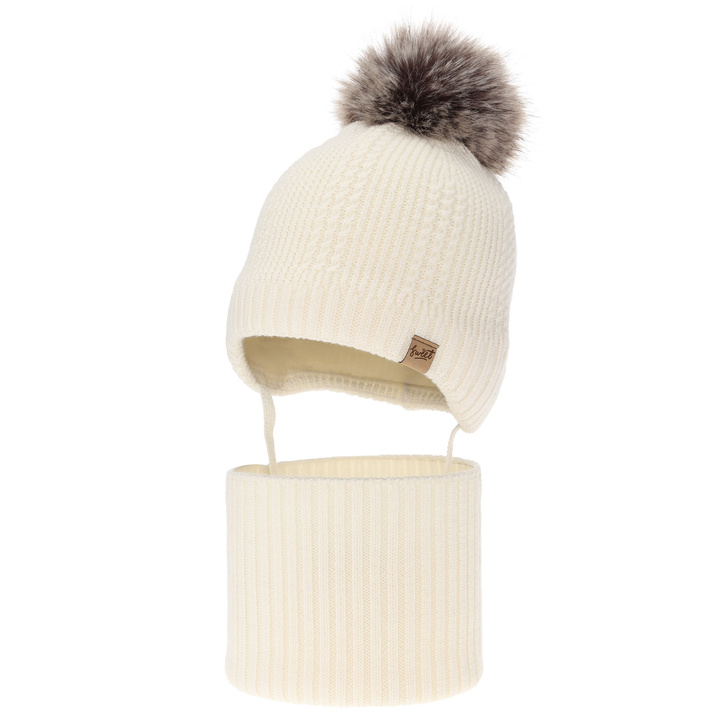 Boy's hat and tube scarf, winter set, cream, 100% merino wool, lined with wool fleece, with ties Danny
