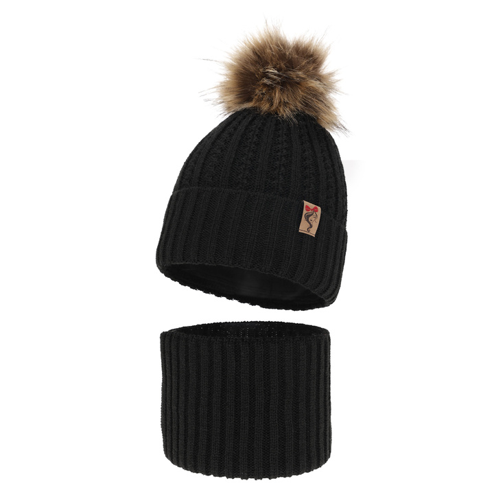 Girl's winter set: hat and tube scarf black Larina with pompom