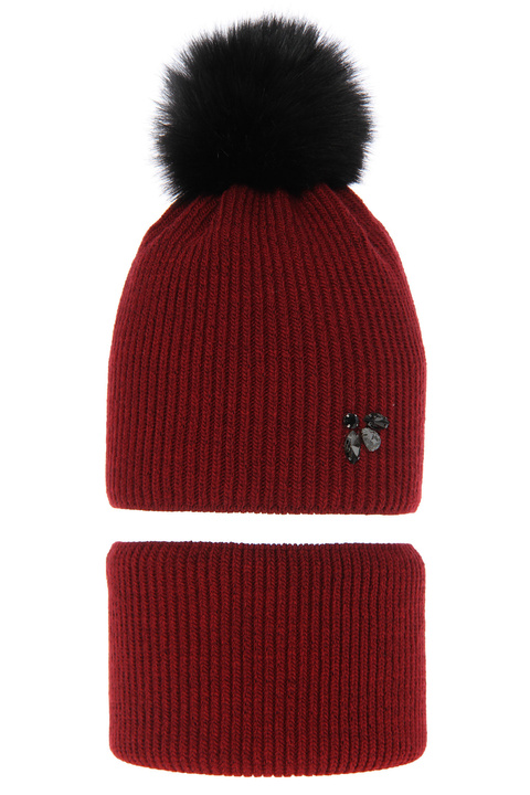 Girl's winter set: hat and tube scarf burgund Rawena with pompom