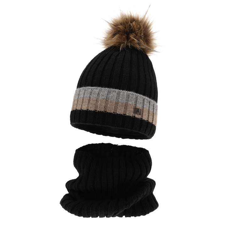 Boy's winter set: hat and tube scarf black with pompom Beno