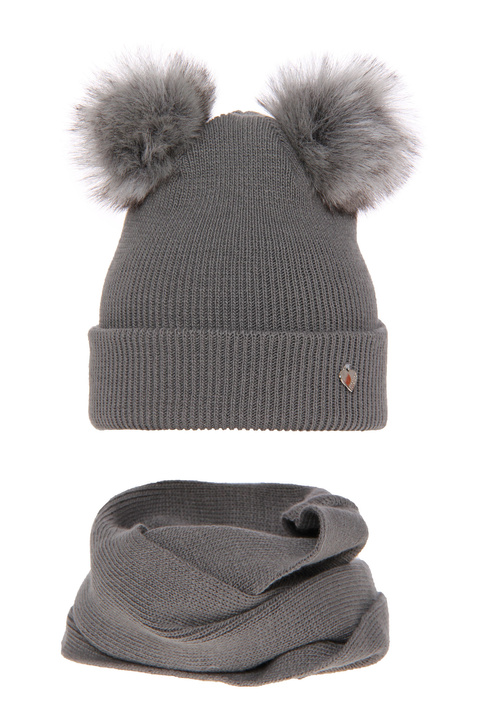 Girl's winter set: hat and tube scarf grey Milagros with two pompom