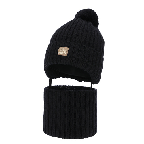 Boy's winter set: hat and tube scarf, blue, 100% merino wool, wool fleece lining, with ears, Masil