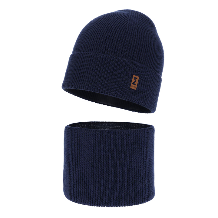 Boy's spring/ autumn set: hat and tube scarf navy blue 100% extra fine merino wool Bruce