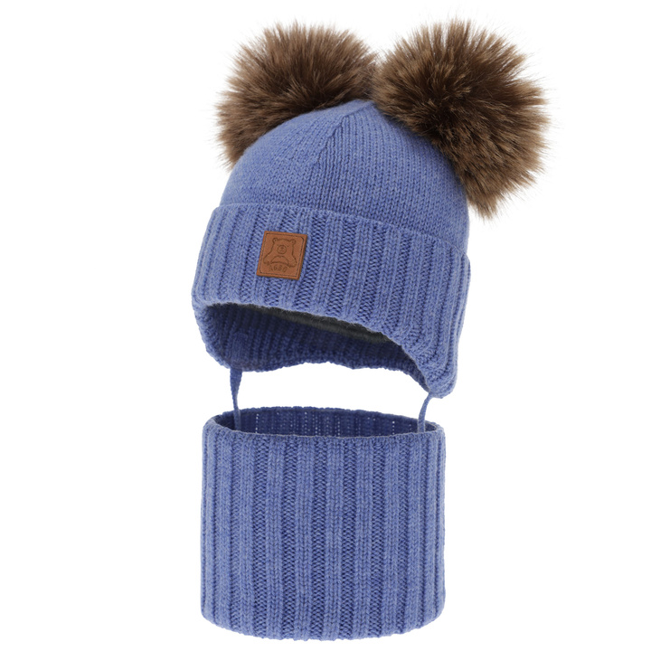 Boy's hat and tube scarf, winter set, blue, 100% merino wool, lined with wool fleece, Ronik