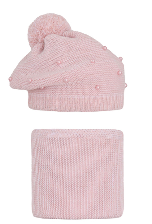 Girl's winter set: hat and tube scarf pink Zamia with pompom