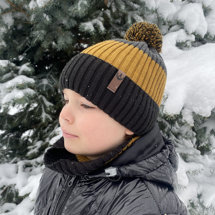 Boy's winter set: hat and tube scarf red Karson with pompom
