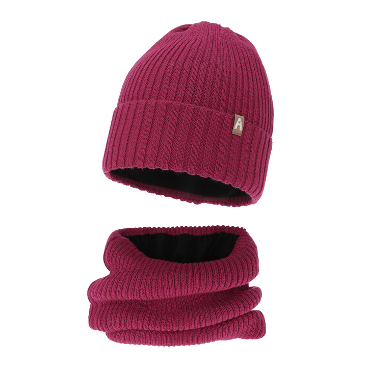 Girl's winter set: hat and tube scarf pink merino wool Peggy