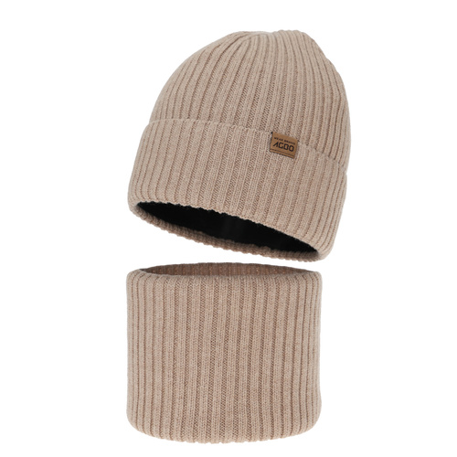 Boy's winter set: hat and tube scarf, beige, 100% merino wool, with merino wool lining, Domin