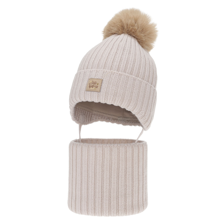 Girl's winter set: hat and tube scarf, beige, 100% merino wool, with ears, cotton lining, Malesia