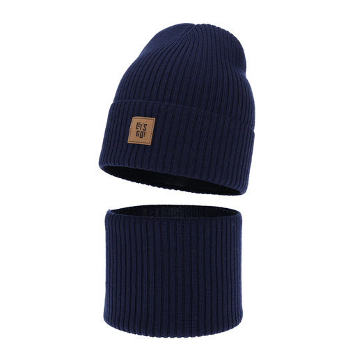Boy's spring, autumn set: hat and tube scarf navy blue 100% merino wool Vanto