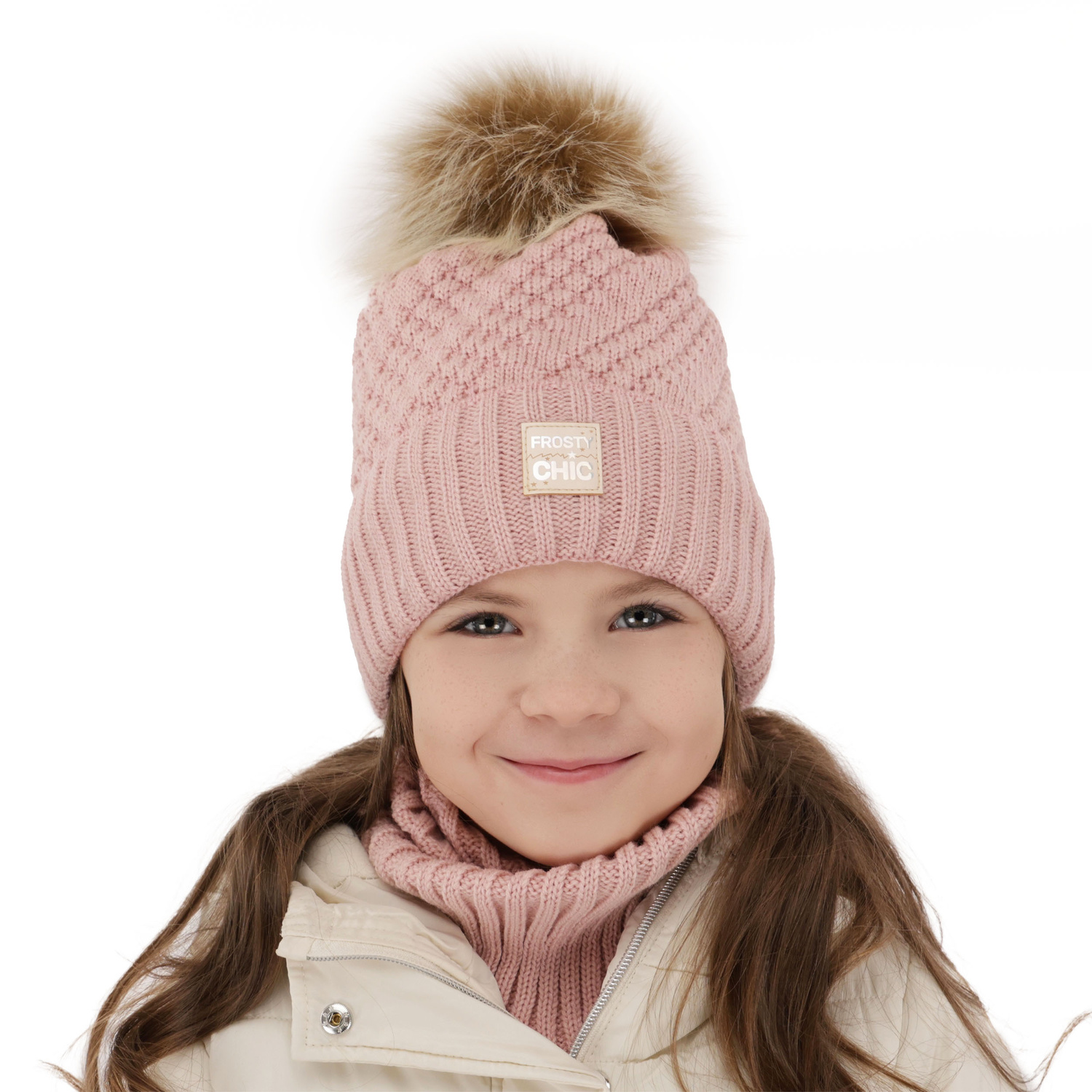 Girl's winter set: hat and tube scarf beige Alena with pompom