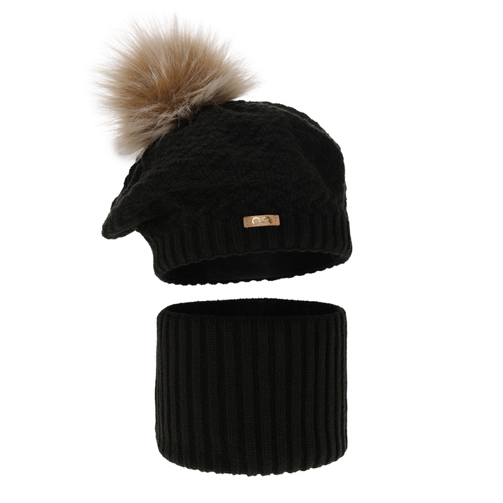 Girl's winter set: hat and tube scarf black Atene with pompom