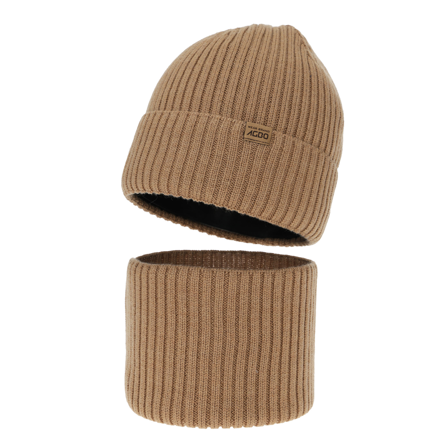 Hat and tube scarf for boy, winter set, 100% merino wool, with merino wool lining, camel, Domin