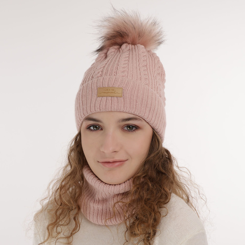 Girl's winter set: hat and tube scarf pink Alika with pompom