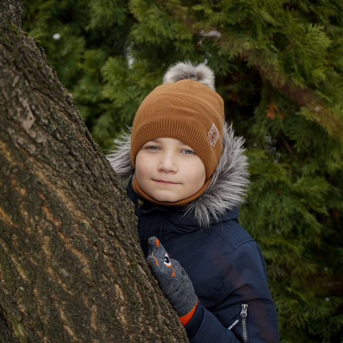 Boy's winter set: hat and tube scarf camel Apolin with pompom