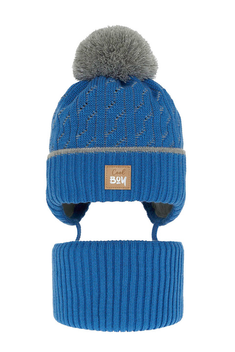 Boy's winter set: hat and tube scarf blue Pikolo with pompom