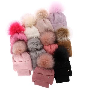Girl's winter set: hat and tube scarf grey Kornela with pompom