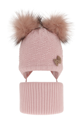 Girl's winter set: hat and tube scarf pink with two pompoms Bettina