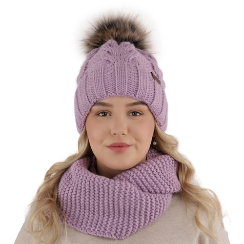 Girl's winter set: hat and tube scarf grey Torina with pompom