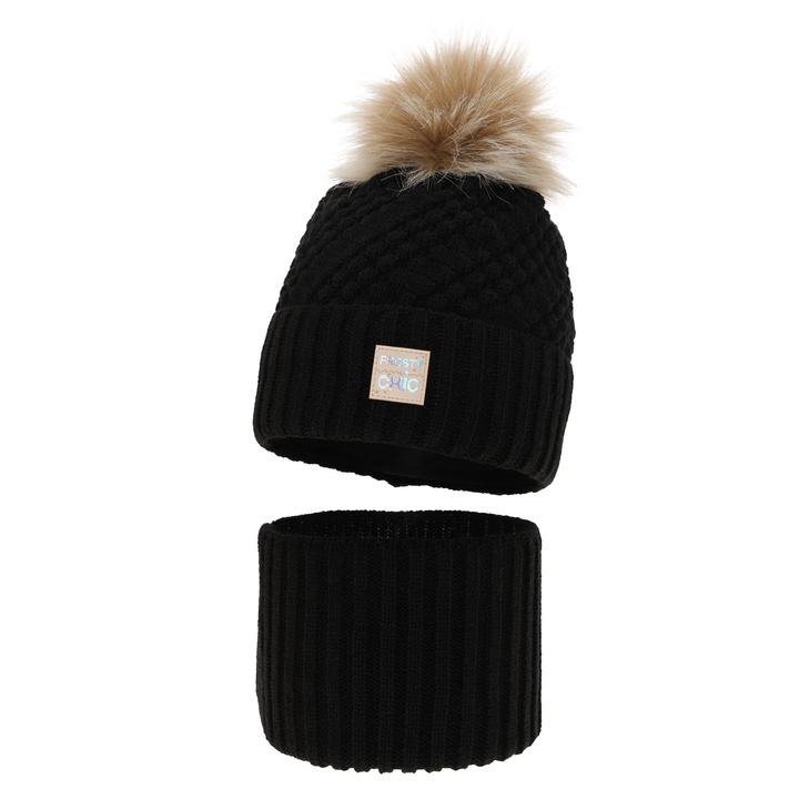 Girl's winter set: hat and tube scarf black Alena with pompom