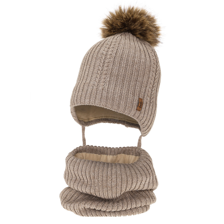 Hat and tube scarf for boy winter set, beige, with merino wool, tied Zongo