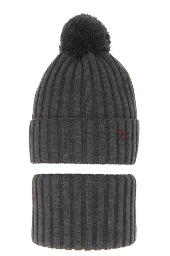 Boy's winter set: hat and tube scarf grey Wiliam with pompom