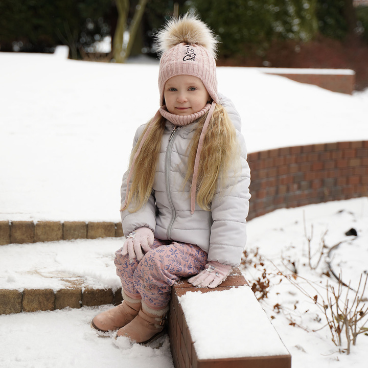 Girl's winter set: hat and tube scarf grey Treccia with pompom